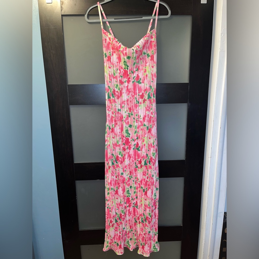 Pink Floral Pleated Maxi Dress